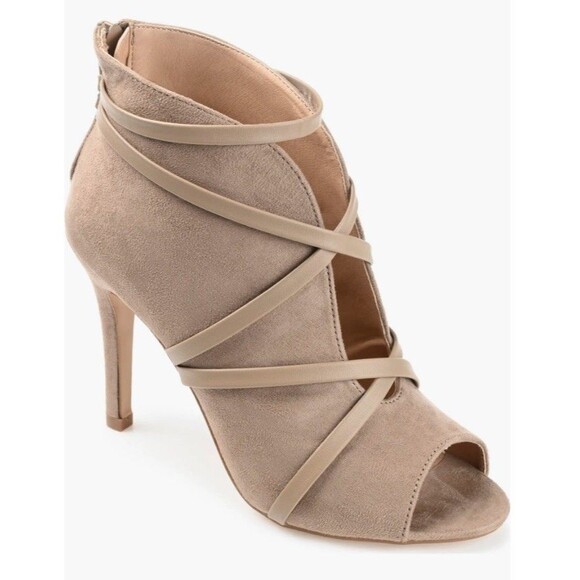 Journee Collection Samara Taupe Suede Peep Toe Booties Womens 8.5 Wide Strappy - Picture 1 of 9